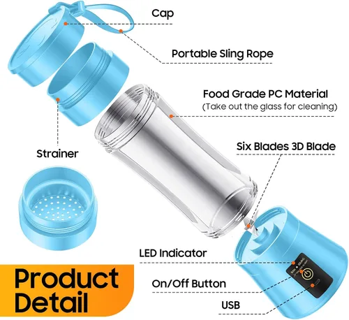 Miniatura 7 de Licuadora portátil para batidos y batidos, licuadora personal con taza de viaje de 12 onzas, libre de BAP, 6 cuchillas de acero inoxidable, recién