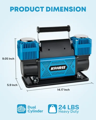 Miniatura 6 de Kohree Compresor de aire de doble cilindro de 12 V, inflador rápido de neumáticos de 12.35 pies³/min, bomba de neumáticos portátil resistente