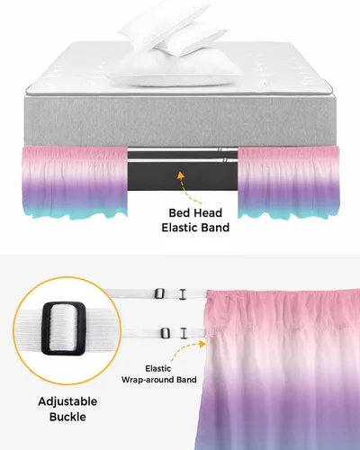 Miniatura 4 de Coloredd Falda de cama de arco iris, tamaño Queen de 16 pulgadas de caída, ajustable y elástica, faldas de cama plisadas de lujo con volantes