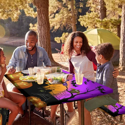 Miniatura 7 de Mantel ajustable para mesa y banco de pícnic de Halloween, diseño de fantasma, impermeable, 28 x 72 pulgadas, juego de 3 piezas, mantel ajustable al