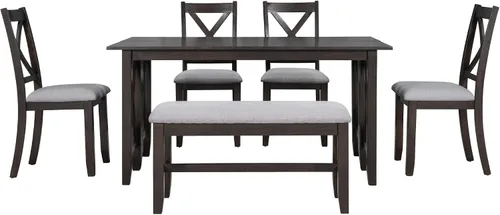 Miniatura 8 de Merax Juego de mesa de comedor de 6 piezas, mesa plegable de madera de 60 pulgadas con 4 sillas tapizadas y banco, juego de mesa de comedor