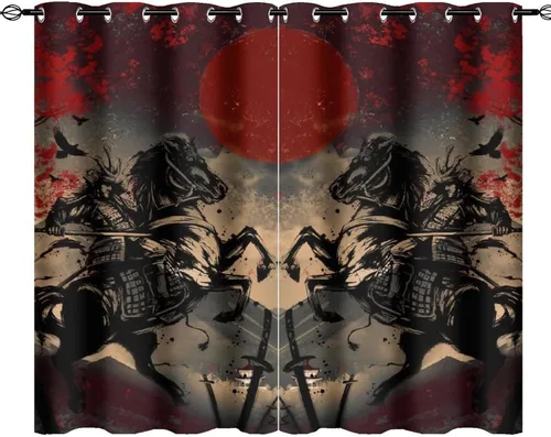 Miniatura 21 de Cortinas opacas abstractas japonesas samuráis para dormitorio, caballo samurái rústico, rojo, ojal, aislamiento térmico, cortinas de oscurecimiento