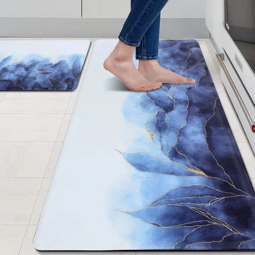 Miniatura 14 de MAYHMYO Juego de 2 tapetes de cocina antifatiga, diseño de mármol y azul, alfombrillas acolchadas y antideslizantes