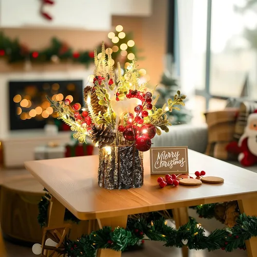 Miniatura 4 de Decoración Navideña Árbol de Navidad pequeño con luces - Mini árbol de Navidad artificial de mesa iluminado con adornos navideños gnomos