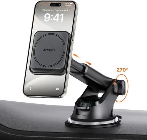 Miniatura 8 de APPS2Car Soporte magnético para teléfono MagSafe para automóvil con ventosa, 17 imanes fuertes y brazo ajustable, soporte de teléfono para tablero