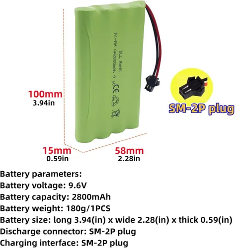 Miniatura 2 de Batería recargable AA de 9.6 V 2800 mAh con enchufe SM-2P con cable de carga USB para juguetes RC coches, camiones, tanques, vehículos