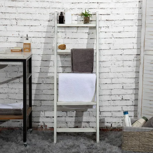 Miniatura 3 de MyGift Escalera grande de madera encalada para manta, estilo granja, toallero inclinado de pared con 5 peldaños (blanco vintage)