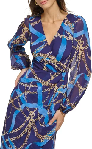 Miniatura 5 de GUESS Vestido largo de gasa con estampado de bufanda de manga larga para mujer