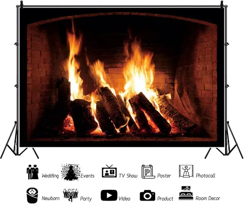 Miniatura 2 de Haoyiyi Telón de fondo de fotografía de leña ardiente de 5 x 3 pies, chimenea, bosque llameante, fuego ardiente, invierno, fiesta de Navidad, fondo