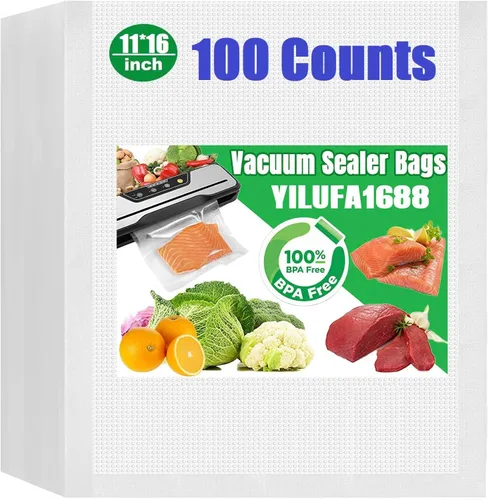 Bolsas selladoras al vacío para alimentos, 100 unidades precortadas de 11 x 16 pulgadas, grado comercial sin BPA, 6 veces frescura, ajuste universal