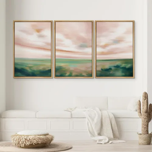 Miniatura 2 de SIGNWIN Conjunto de arte de pared de lienzo enmarcado, acuarela pastel, cielo de nubes rosas, colina verde del campo, naturaleza, vida silvestre