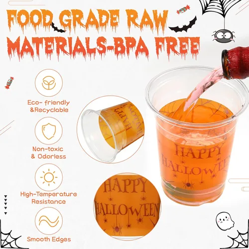Miniatura 3 de CHENGU Vasos desechables de plástico para Halloween a granel – Vasos de tela de araña de Halloween de 12 onzas, naranja transparente con araña