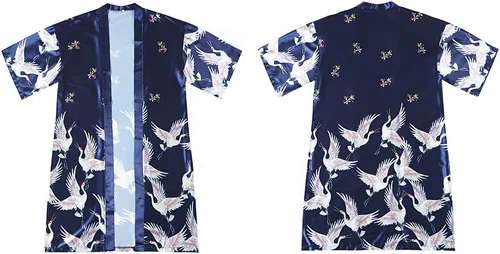 Miniatura 7 de HAORUN Abrigo kimono japonés para hombre, holgado, Yukata, albornoz largo, tops vintage, Azul marino satinado.