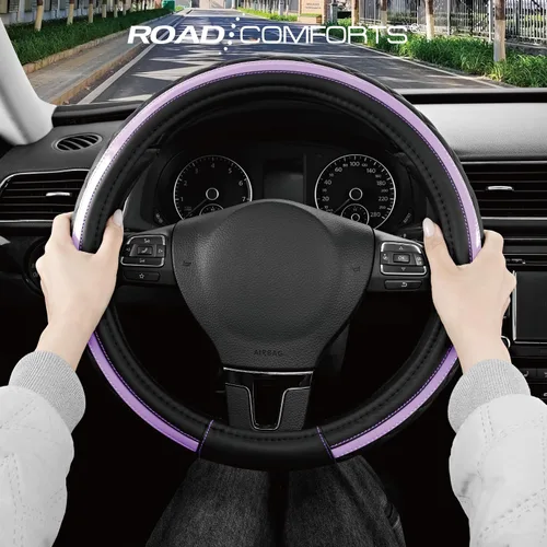 Miniatura 6 de Road Comforts Funda de Volante de Cuero – Negro y Morado, Ajuste Universal 14.5-15 Pulgadas, Cuero de Microfibra, Diseño Antideslizante y Púrpura