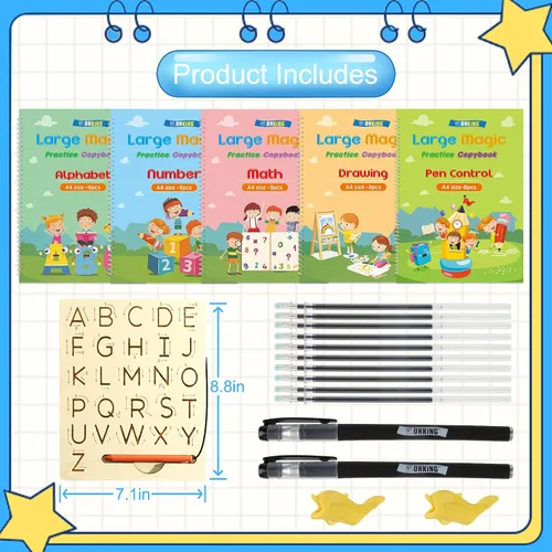 Miniatura 6 de Juego de cuadernos de escritura a mano grandes con ranuras mágicas: paquete de 5 con tabla de rastreo del alfabeto de madera, kit de aprendizaje