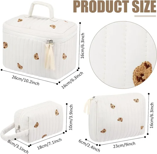 Miniatura 3 de Paterr Juego de 3 bolsas de maquillaje acolchadas grandes de algodón para mujer, bolsa organizadora de artículos de tocador de viaje para Azul