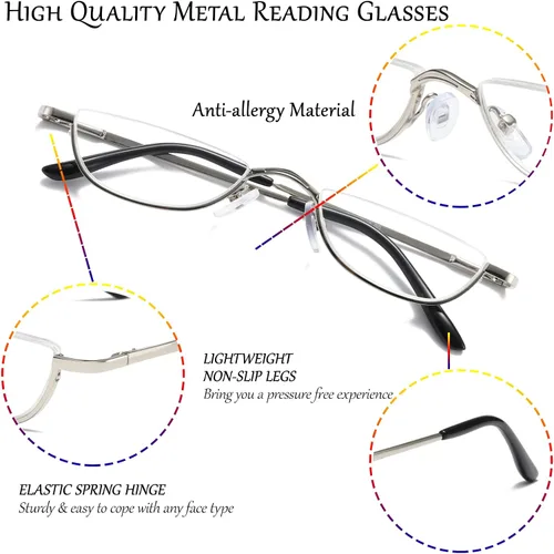 Miniatura 4 de Viseng Gafas de lectura de medio marco para mujer y hombre, lentes de media luna delgadas, lectores de metal con montura semi desmontable +1.0