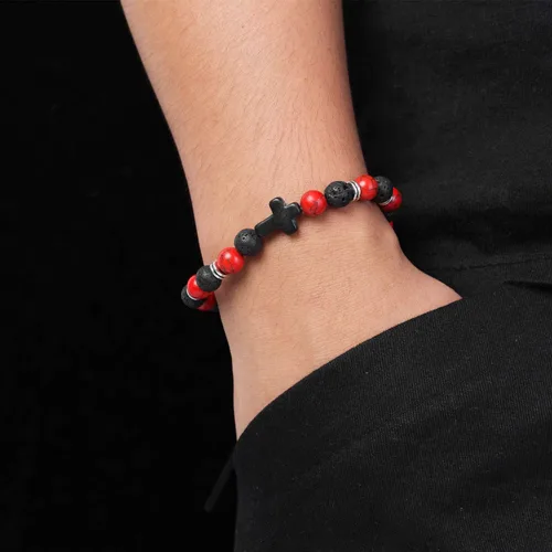 Miniatura 2 de Softones Pulsera de cruz de cuentas de 0.315 in para mujeres y hombres, pulsera de oración de eslabones elásticos de piedra natural para niños
