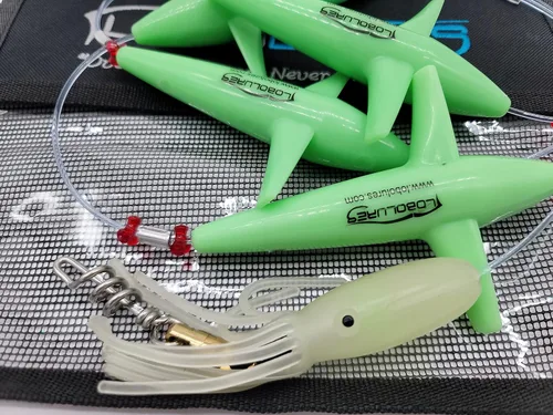 Miniatura 3 de Lobo Lures #401 Teaser de atún con forma de margarita, cadena de 400 libras, líder de 500 libras, sacacorchos giratorio y bolsa de almacenamiento