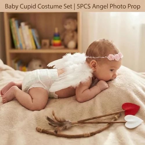 Miniatura 3 de AMOR PRESENT Alas de ángel para bebé, 5 piezas de ropa para sesión de fotos de recién nacido, alas de ángel blanco, conjunto de disfraz de Cupido