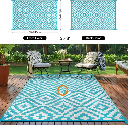 Miniatura 3 de Alfombra de paja de plástico para patio al aire libre, 5 x 8 pies, impermeable, reversible, alfombra de área, patio, caravana, porche, balcón, Azul