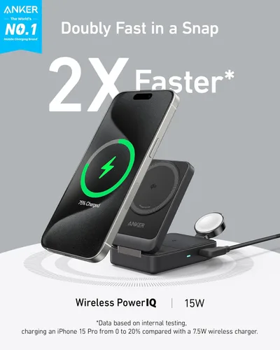 Miniatura 2 de Anker MagGo - Estación de carga 3 en 1 para iPhone 17, soporte de cargador inalámbrico compatible con MagSafe, cargador plegable de 15 W certificado