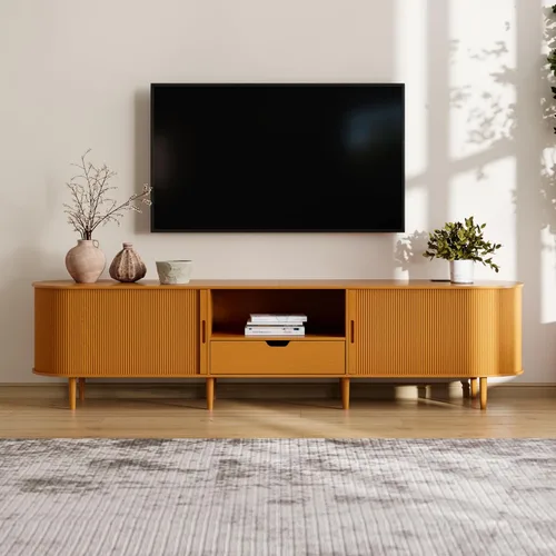 Miniatura 19 de DHH Soporte de TV acanalado de 71 pulgadas con toma de corriente para televisores de hasta 80 pulgadas, consola de TV con estantes ajustables y Negro