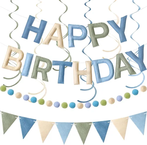 Kriyokiaa Pre-Strung Felt Happy Birthday Banner Dusty Blue Sage Green Happy Birthday Party Decorations with Pom Pom Garland, Flag and Hanging Swrils