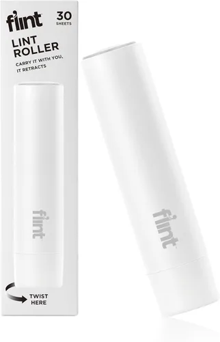 Rodillo de pelusa retráctil clásico blanco Flint Mini con 30 hojas adhesivas extra, rodillo de pelusa pequeño y portátil, ideal para quitar el pelo