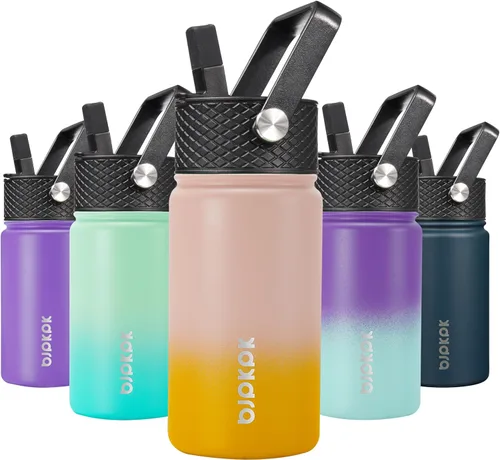 Miniatura 69 de BJPKPK Botella de agua aislada con tapa con pajilla, bonitas botellas de agua de 15 onzas, termo de metal de acero inoxidable, vasos reutilizables