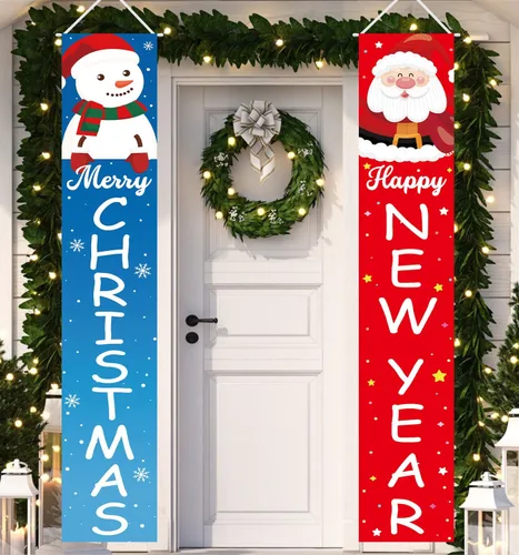Decoraciones de Navidad Feliz Año Nuevo Decoraciones Feliz Navidad Muñeco de Nieve Santa Claus Banner de Navidad Cartel de Porche de Puerta de