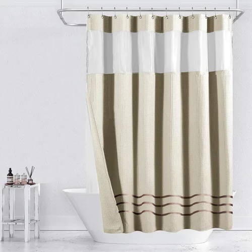 Yimobra Juego de cortinas de ducha de tejido gofre con forro de tela a presión, tela pesada con 12 ganchos, impermeable y lavable, ventana superior