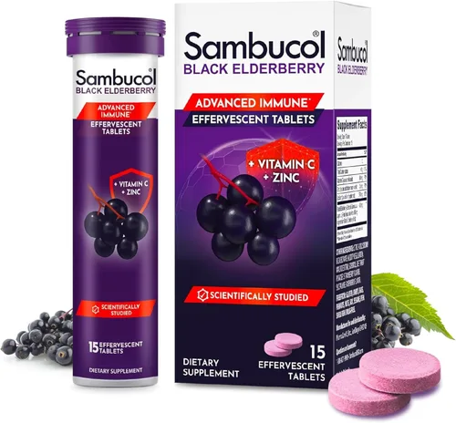 Tabletas efervescentes de saúco negro Sambucol - Saúco con zinc y vitamina C para adultos, tabletas de saúco solubles, bayas - 15 unidades