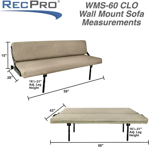 Miniatura 2 de RecPro Sofá de montaje en pared de 60 pulgadas con patas ajustables en tela, sofá cama de caravana, muebles de caravana, cama de caravana, cama Sin