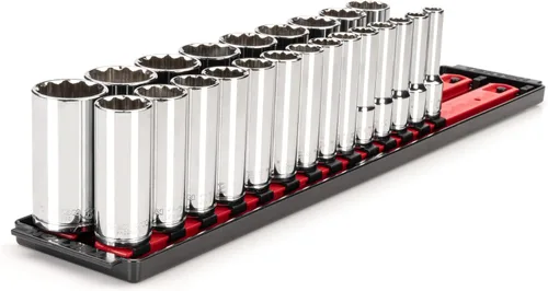 TEKTON SHD92121 - Juego de llaves de vaso de 12 puntos con rieles y bandeja, 23 piezas (0.394-1.260 in)
