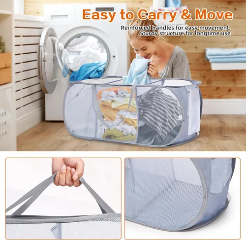 Miniatura 5 de Cesta de lavandería plegable y duradera que se despliega, resistente con 3 compartimentos, bolsillo práctico y cestas de ropa fáciles para Gris