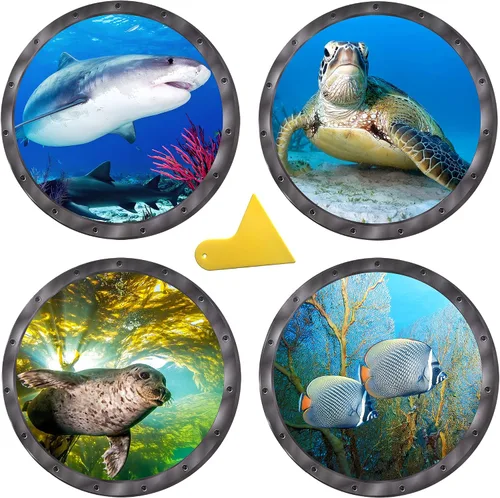 Miniatura 8 de Calcomanías adhesivas redondas 3D para ventana de ojo de buey de 11 pulgadas, tema oceánico (tortuga marina, tiburón, delfín), calcomanías vinuales