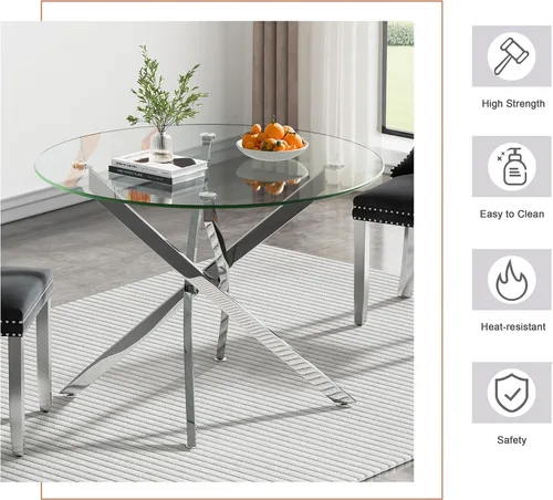 Miniatura 5 de Juego de mesa de comedor redonda de 3 piezas para 2, mesa de cocina moderna de vidrio plateado y sillas para 2 con sillas tapizadas, juego de mesa