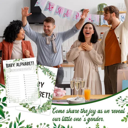 Miniatura 5 de Greenery - Tarjetas de juego de eucalipto para baby shower, suministros de fiesta de revelación de género de la selva tropical, diseño neutro