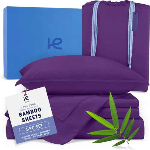 Miniatura 24 de Kickoff Sábanas de bambú de viscosa tamaño King, 4 piezas, 100% viscosa de bambú orgánico, juego de sábanas refrescantes tamaño King, ropa de cama