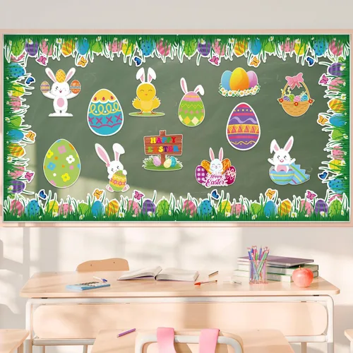 Juego de 108 piezas de decoración de tablón de anuncios de Pascua, 72 piezas coloridas de huevos de Pascua, conejo, conejo, decoración de aula, 36