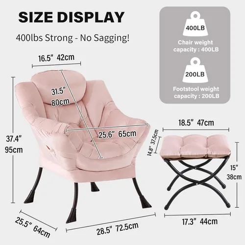 Miniatura 2 de Tiita - Sillón reclinable con otomana, grande, moderno, sofá de ocio, de lectura, con reposapiés, para dormitorio, sala de estar, dormitorios, Rosa
