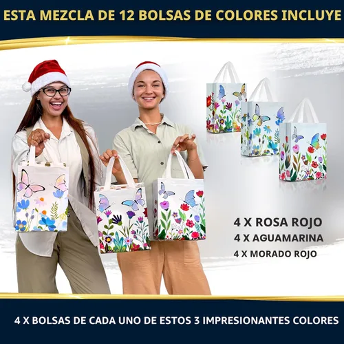 Miniatura 6 de Nush Nush Bolsas de regalo de mariposa con asas de tamaño mediano - Juego de 12 bolsas de regalo florales con brillante impresión holográfica