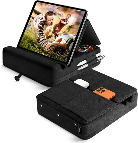 Soporte de almohada para tablet con almacenamiento, soporte plegable para iPad para Lep, cama, sofá y escritorio, base suave con bolsillo y soporte