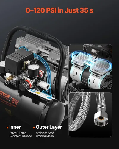 Miniatura 3 de VEVOR Compresor de aire, tanque de acero de 1 galón, compresor de aire libre de aceite de 1 HP 1.5 CFM a 90 PSI y presión máxima de 120 PSI