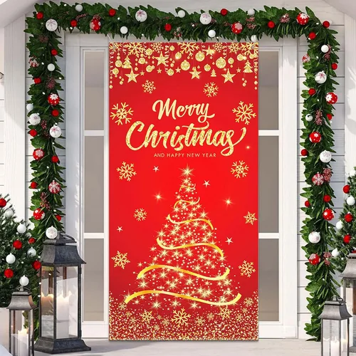 Cubierta de Puerta de Navidad Árbol de Navidad Dorado Feliz Navidad Purpurina Copo de Nieve Cubierta de Puerta Pancartas Fondo de Fotografía para
