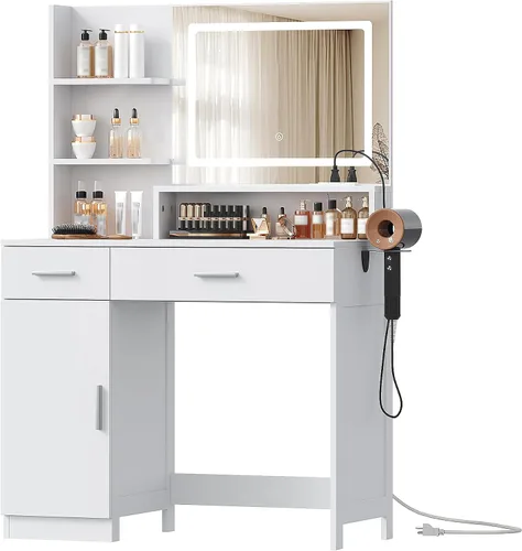 Miniatura 9 de Escritorio de tocador con espejo LED y luces, mesa de tocador de maquillaje con toma de corriente, cajones, armario, tocador con estantes
