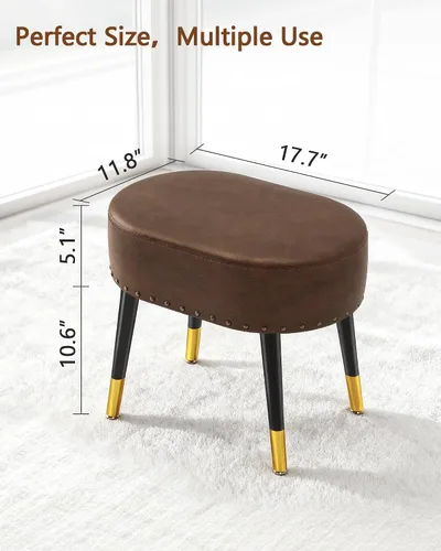 Miniatura 2 de LITZFUR Taburete de tocador para maquillaje, reposapiés ovalado de piel sintética, banco otomano con remaches vintage con patas de metal, taburete