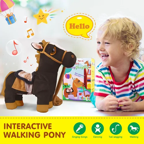 Miniatura 2 de HCdoujoy Poni Negro de Peluche Interactivo que Camina, Juguete de Poni que Canta y Baila, Musical, Realista, Juguete de Caballo de Peluche