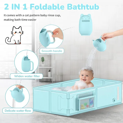 Miniatura 3 de YomauiYee Bañera para bebé, bañera plegable para niños pequeños con taza de enjuague, bañera plegable portátil 2 en 1 para bebés de 6 meses a 5